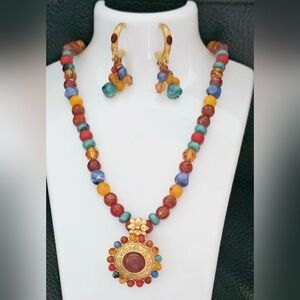 Necklace Pendant Earring set Vintage Liz Claiborne Faux Gem Beads multicolor